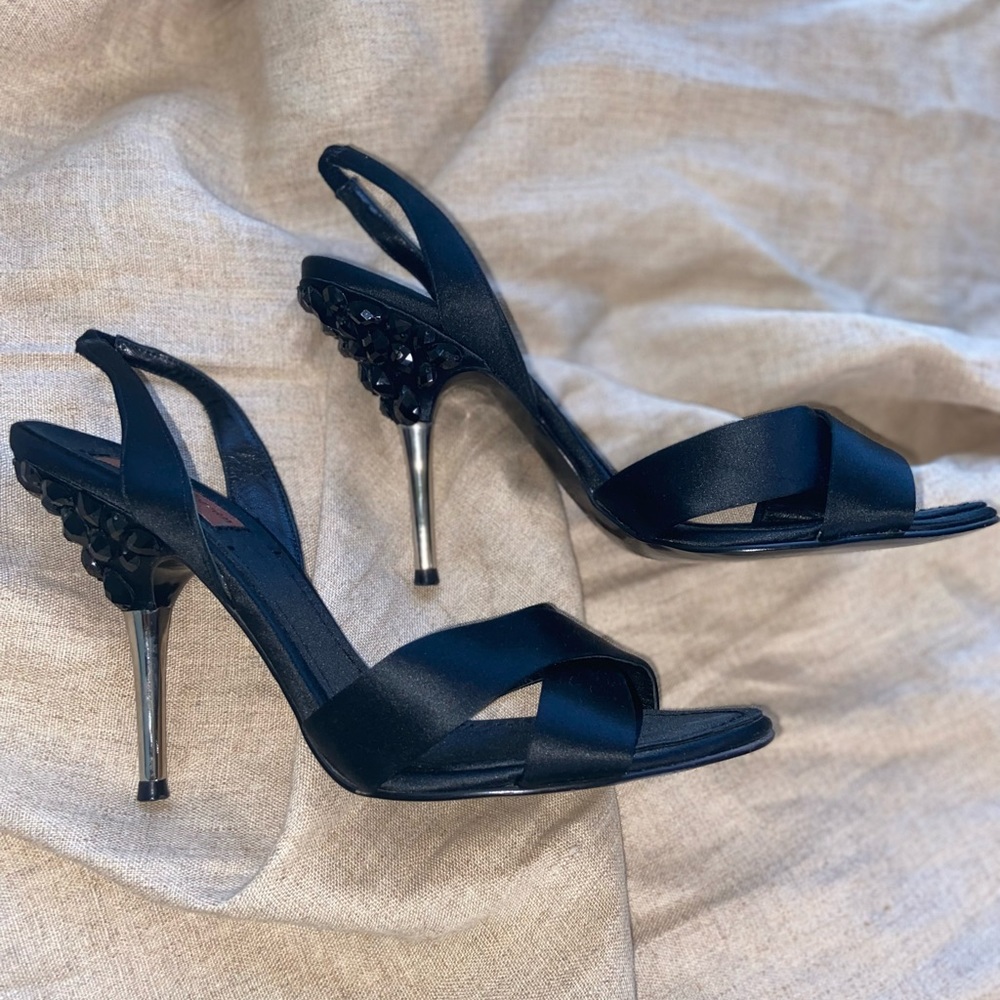 Black Satin Jeweled Steel Slingback Stilettos